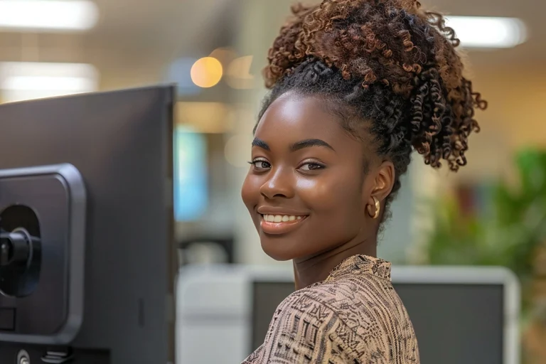 Smiling woman sitting at an office workstation, suggesting a confident and healthy return to work.