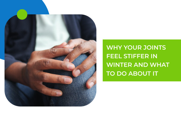 A man holds his knee in pain because it's joints are stiff in the winter. Beverly Physiotherapy is committed to helping you feel your best all year round.