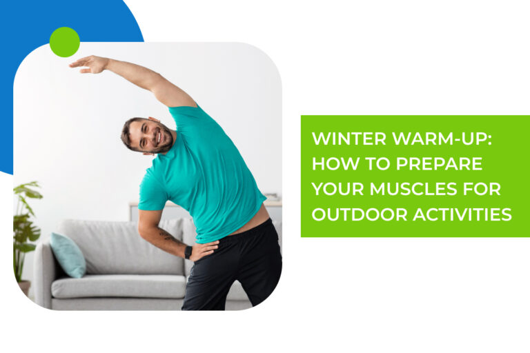 A man smiles while stretching indoors. We are proud to help you warm up and exercise your muscles this winter season.